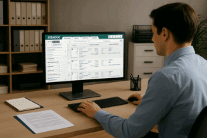 Employé de bureau utilisant un logiciel de GED Zeendoc pour gérer et rechercher des factures numériques sur son ordinateur.