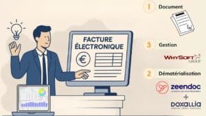Illustration Zeendoc PDP avec WhySoft Group et Doxallia pour la dématérialisation et la gestion des factures électroniques des PME.