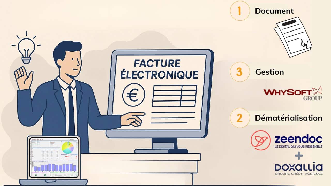 Illustration Zeendoc PDP avec WhySoft Group et Doxallia pour la dématérialisation et la gestion des factures électroniques des PME.
