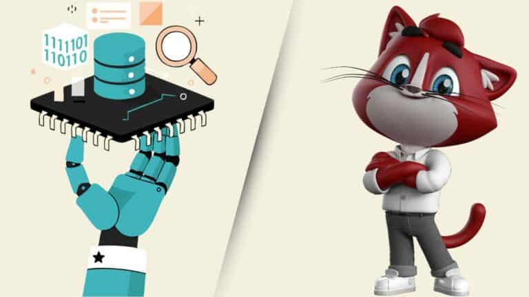 Illustration d’une main robotique tenant une puce électronique avec des données binaires et une mascotte de chat rouge en chemise blanche (cellede l'entreprise WhySoft Group, éditrice de logiciel de gestion à destination des PME), symbolisant la collaboration entre technologie et expertise humaine dans la gestion des bases de données des PME.