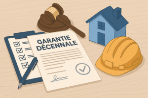 Image illustrant la garantie décennale avec une maquette de maison, un casque de chantier, un contrat signé, un tampon juridique et une checklist.