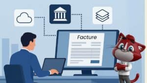 Homme d’affaires utilisant un ordinateur pour éditer une facture numérique, connecté à des services cloud, fiscaux et d’archivage, avec une mascotte chat souriante à droite.