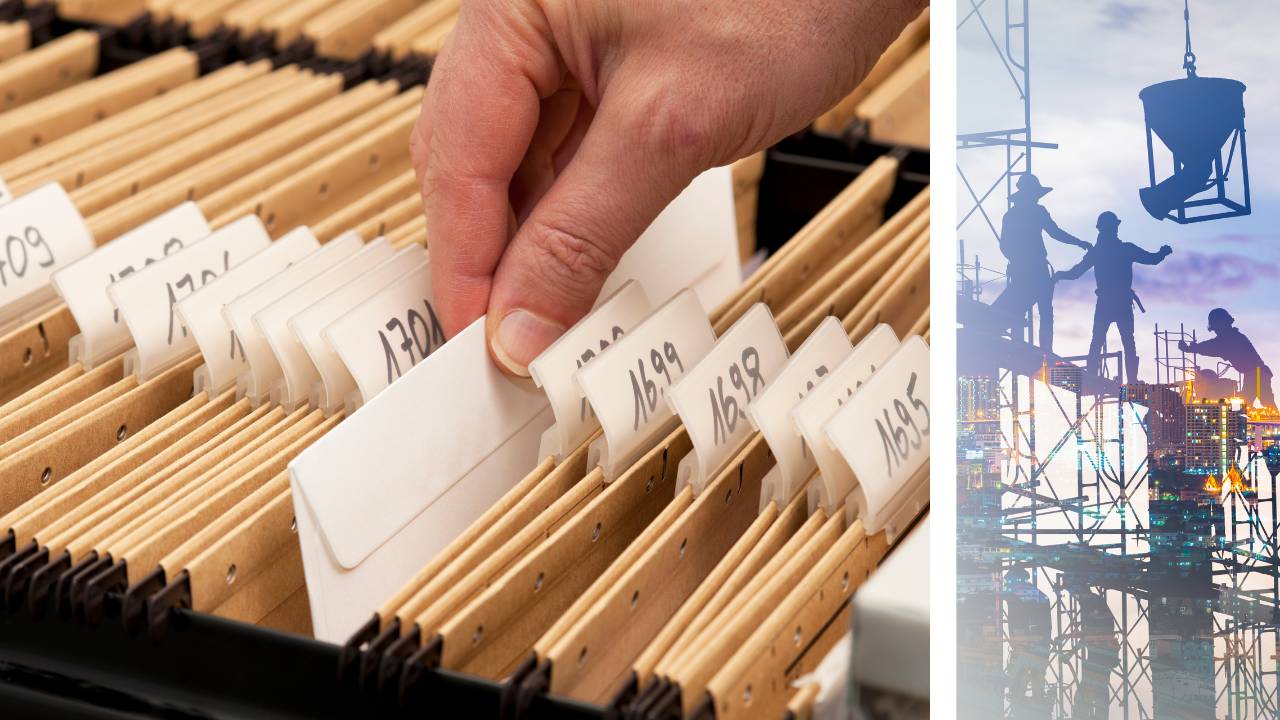 Classeurs et dossiers d'archivage étiquetés pour les bons de livraison du BTP dans un bureau