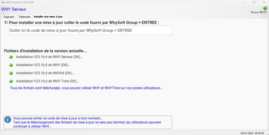 Onglet "Installer une mise à jour" de WHY SERVEUR