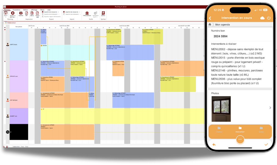 Messagerie intégrée et tableau des tâches collaboratif dans un logiciel de suivi de chantier.
