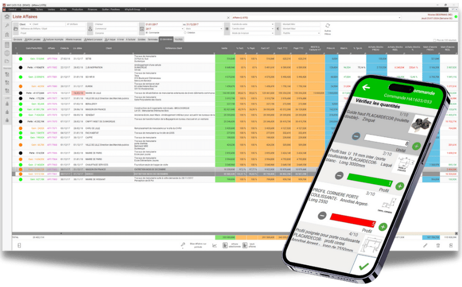 Interface montrant la gestion des stocks et approvisionnements dans un logiciel BTP.