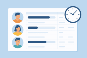 Planning numérique affichant les heures travaillées par les employés avec photos de profil et jauges d’avancement des tâches