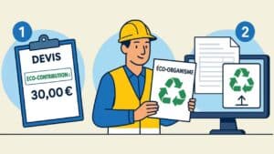 Illustration d’un artisan BTP avec un devis affichant une éco-contribution et un document d’éco-organisme, représentant les obligations REP PMCB sur les devis et déclarations.