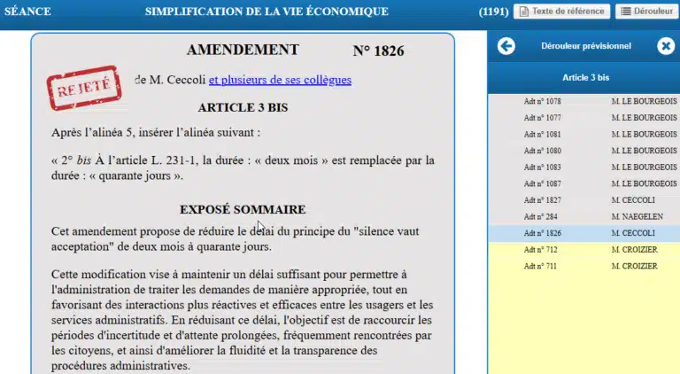 Extrait du site de l’Assemblée nationale montrant l’amendement sur la facturation électronique marqué comme « retiré »