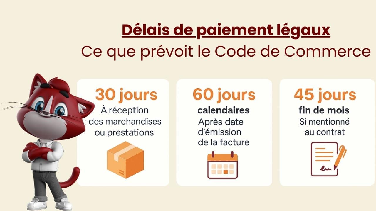 Infographie sur les délais de paiement légaux en France, montrant 3 options : 30 jours à réception, 60 jours après la date de facture, ou 45 jours fin de mois si mentionné dans le contrat.