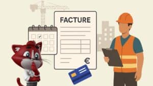 Illustration d’un chef d’entreprise et d’un ouvrier BTP avec une facture, un calendrier et une grue, symbolisant la question du paiement avant la fin des travaux.
