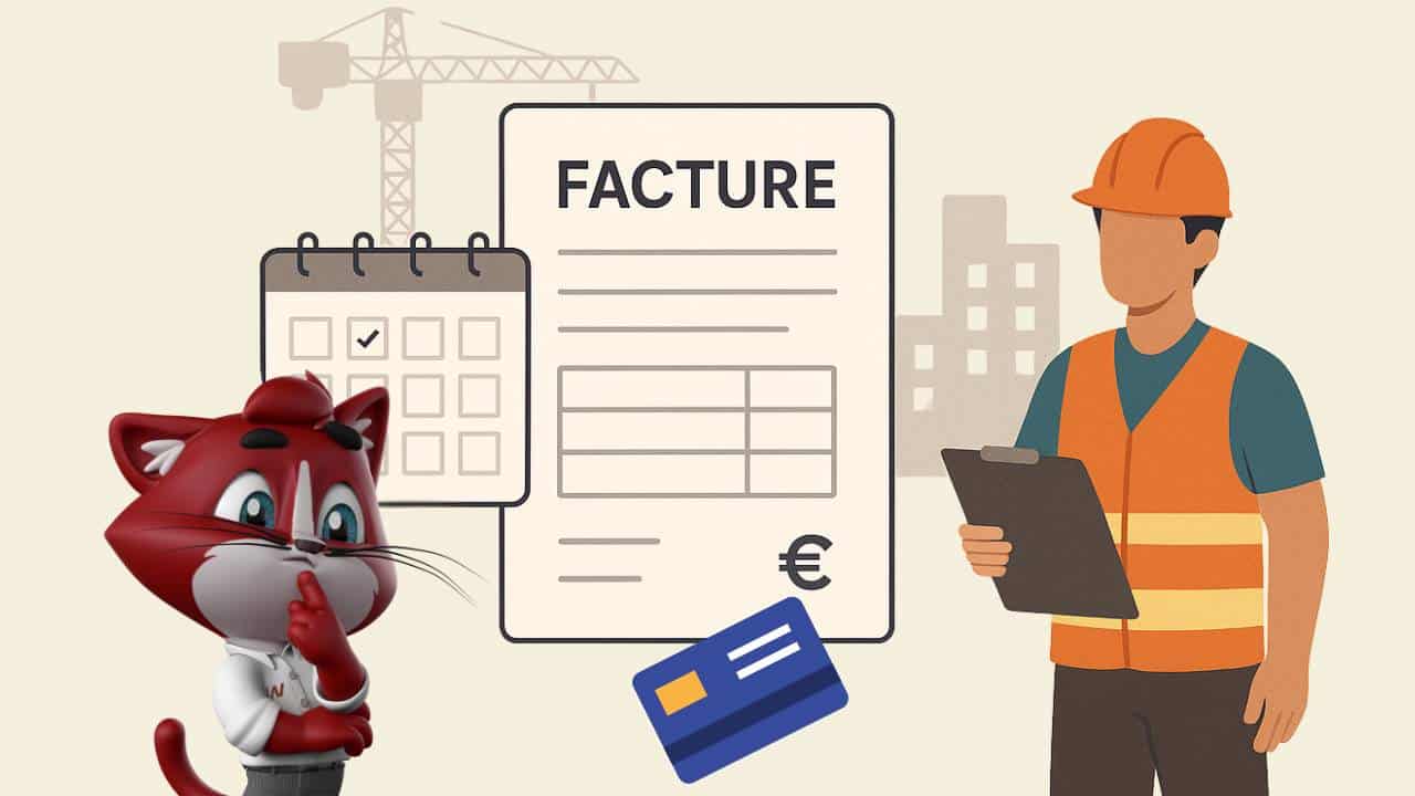 Illustration d’un chef d’entreprise et d’un ouvrier BTP avec une facture, un calendrier et une grue, symbolisant la question du paiement avant la fin des travaux.