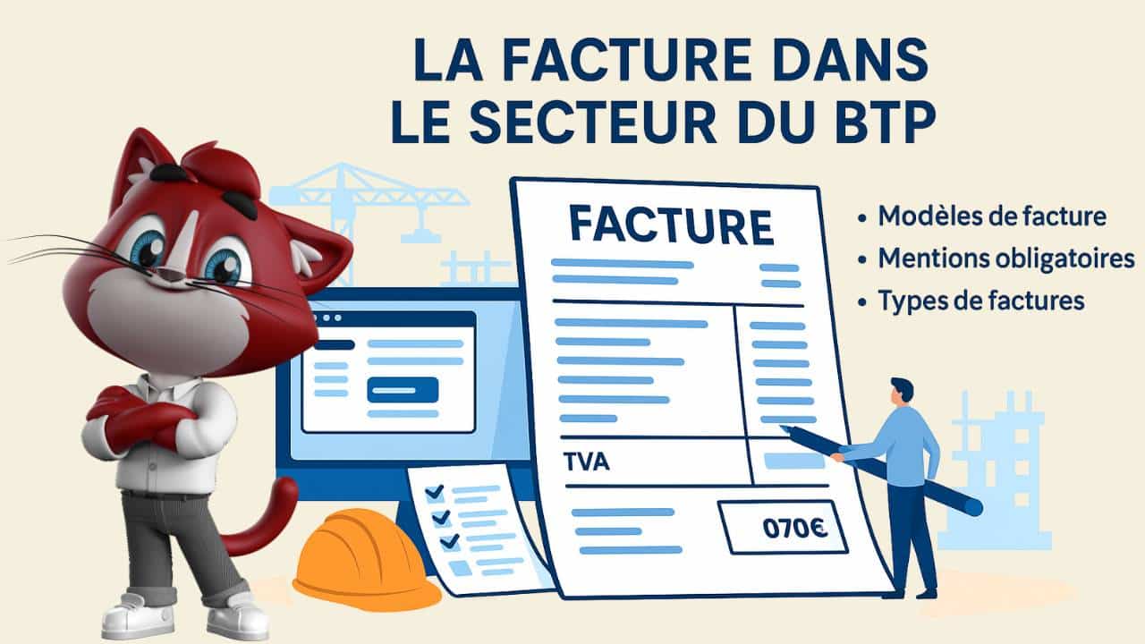 Infographie sur la facturation dans le BTP avec une grande facture, un ordinateur affichant un logiciel, une checklist, un casque de chantier et une grue en arrière-plan. Mentions clés : modèles de facture, mentions obligatoires, types de factures, flexibilité.