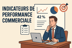 Illustration d’un responsable commercial en costume observant un tableau de bord avec des KPI : courbe de croissance, diagramme circulaire, taux de conversion à 42 %, et cible atteinte avec une flèche. Scène représentant l’analyse des performances commerciales en entreprise.