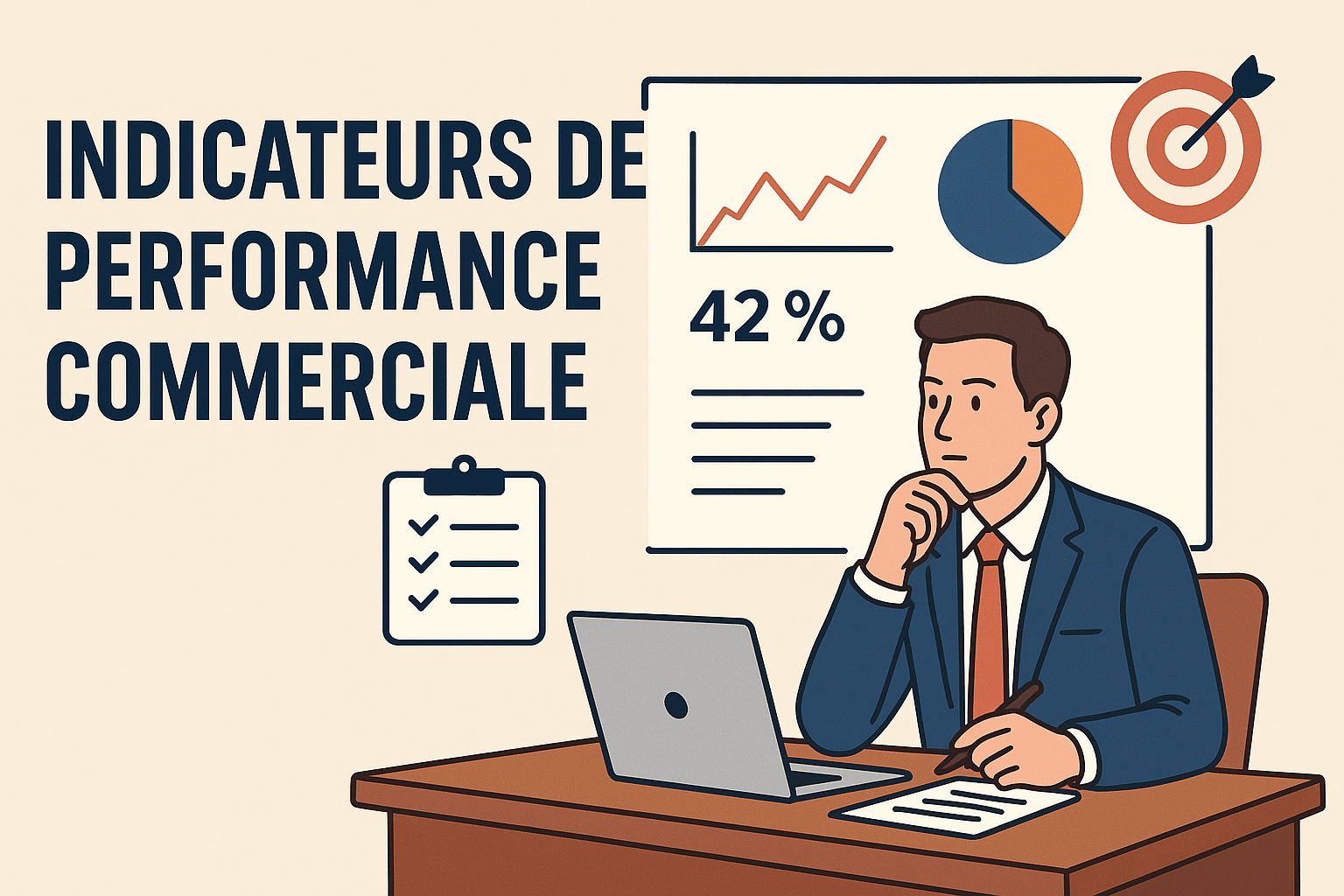 Illustration d’un responsable commercial en costume observant un tableau de bord avec des KPI : courbe de croissance, diagramme circulaire, taux de conversion à 42 %, et cible atteinte avec une flèche. Scène représentant l’analyse des performances commerciales en entreprise.