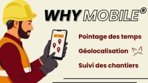 Ouvrier BTP utilisant une application de pointage GPS sur smartphone pour déclarer ses heures et sa position géographique sur chantier.