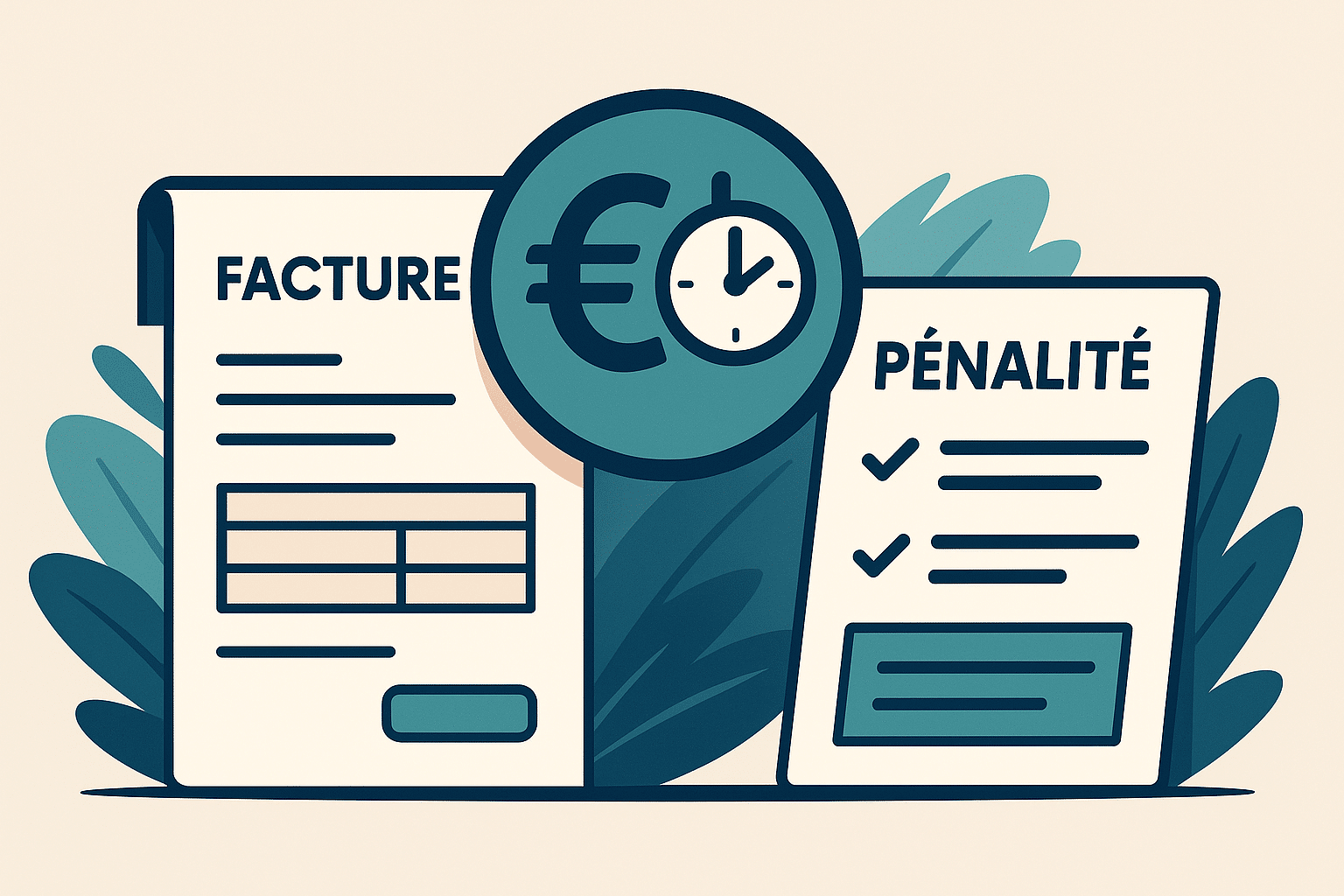 Facture, pénalité de retard, euro et horloge représentant un retard de paiement dans une entreprise