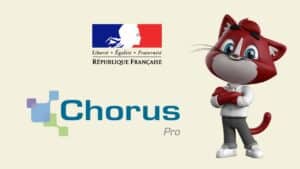 Logo de Chorus Pro avec la mascotte WHY de WhySoft Group et le drapeau officiel de la République Française, symbolisant la facturation électronique obligatoire pour les PME.