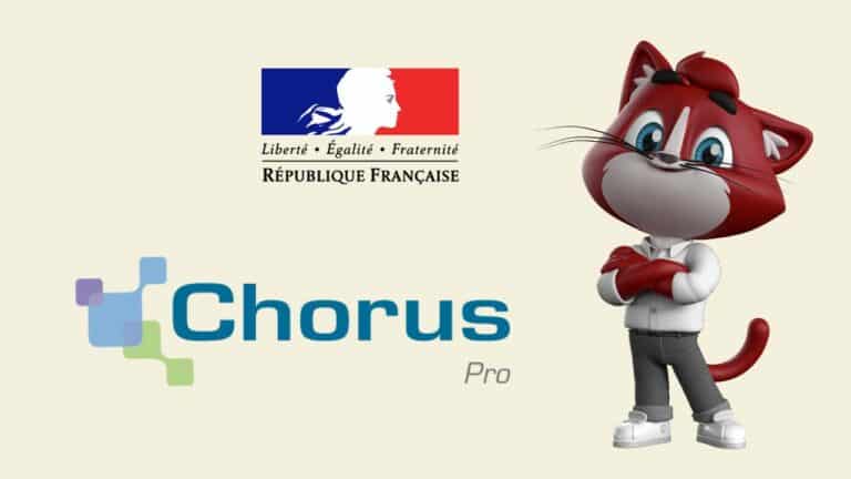 Logo de Chorus Pro avec la mascotte WHY de WhySoft Group et le drapeau officiel de la République Française, symbolisant la facturation électronique obligatoire pour les PME.