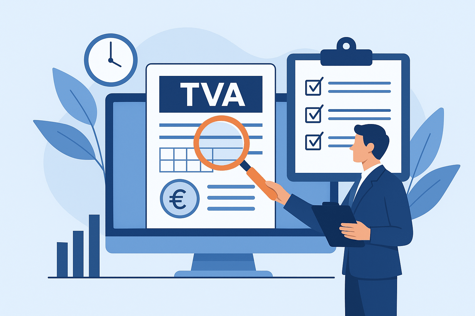 Homme consultant des documents fiscaux et un écran de gestion, illustrant les nouvelles obligations TVA avec la réforme de la facturation électronique 2026.