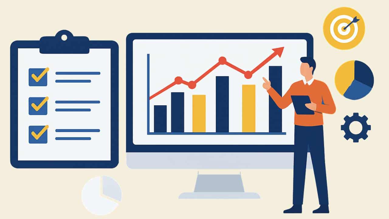 Illustration d’un tableau de bord avec des KPI, graphiques de suivi et un chef de projet pointant des données de performance, sur fond bleu.