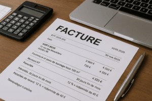 Facture détaillée posée sur un bureau, avec montant HT, TVA et pénalités de retard, illustrant une gestion rigoureuse grâce à un logiciel de facturation adapté aux PME du BTP.