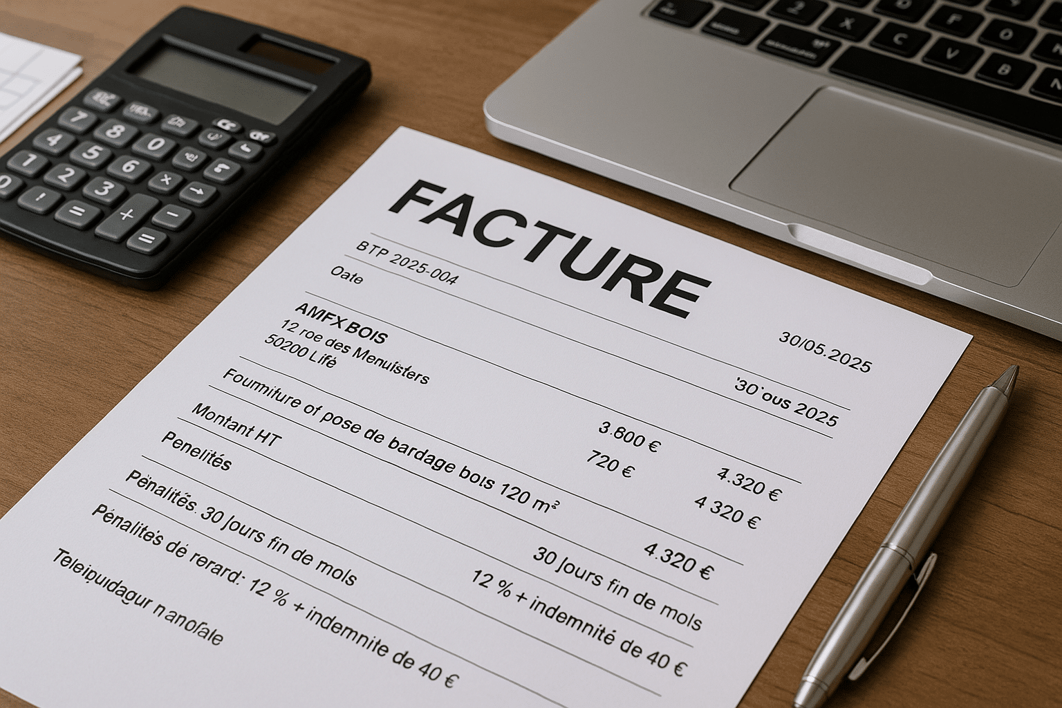 Facture détaillée posée sur un bureau, avec montant HT, TVA et pénalités de retard, illustrant une gestion rigoureuse grâce à un logiciel de facturation adapté aux PME du BTP.