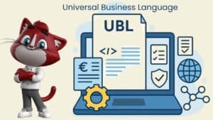 Mascotte WhySoft à côté d’un écran illustrant le format UBL (Universal Business Language) avec des éléments de facturation électronique et des icônes métier.