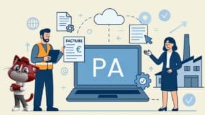 Infographie représentant une PME utilisant une Plateforme Agréée (PA) pour émettre et transmettre des factures électroniques conformément à la réforme 2026.