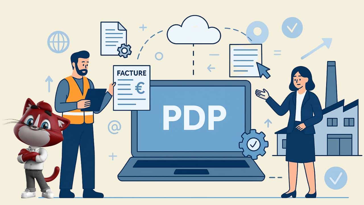 Infographie représentant une PME utilisant une plateforme PDP pour émettre et transmettre des factures électroniques conformément à la réforme 2026.