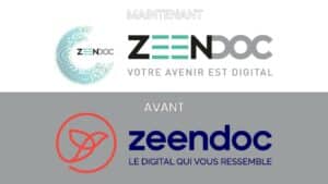 Nouveau logo Zeendoc 2025 comparé à l’ancien, avec un design modernisé, typographie graphique et slogan « Votre avenir est digital ».