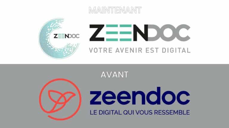 Nouveau logo Zeendoc 2025 comparé à l’ancien, avec un design modernisé, typographie graphique et slogan « Votre avenir est digital ».