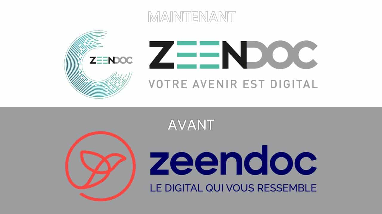 Nouveau logo Zeendoc 2025 comparé à l’ancien, avec un design modernisé, typographie graphique et slogan « Votre avenir est digital ».