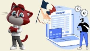 Mascotte professionnelle, Marianne avec drapeau français, facture électronique sur ordinateur et personnage connecté illustrant la réforme de la facturation électronique en France.
