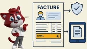 Schéma d’une facture de prestation de service avec un personnage mascotte rouge, montrant les informations principales d’un document BTP, un symbole de validation et une tablette pour l’archivage électronique.