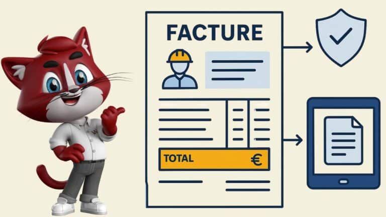 Schéma d’une facture de prestation de service avec un personnage mascotte rouge, montrant les informations principales d’un document BTP, un symbole de validation et une tablette pour l’archivage électronique.