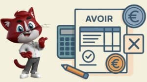 Illustration d’un document “Avoir” entouré d’icônes de gestion : calculatrice, pièce en euro, coche de validation et symbole de correction.