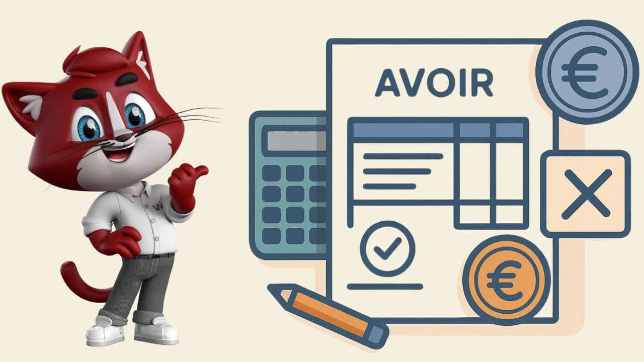 Illustration d’un document “Avoir” entouré d’icônes de gestion : calculatrice, pièce en euro, coche de validation et symbole de correction.