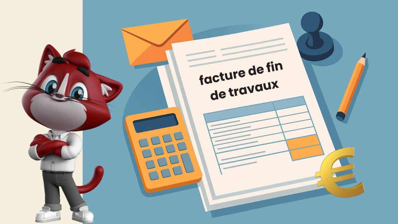 Illustration vectorielle d’une facture de fin de travaux BTP, avec symbole euro, tableau de prestations, crayon, calculatrice et tampon en bois sur un bureau.