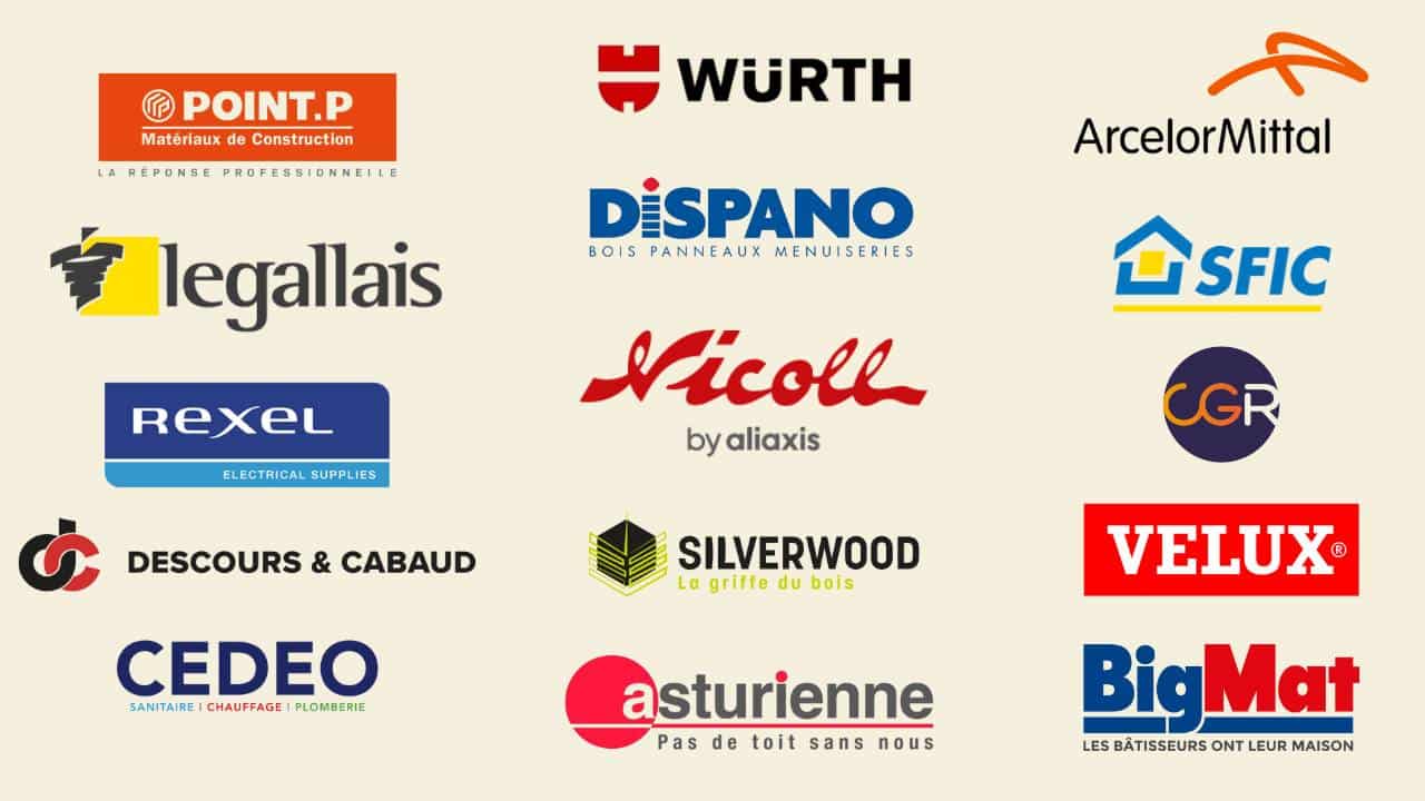 Mosaïque de logos de fournisseurs majeurs du secteur du BTP et de l’industrie, tels que Würth, Point.P, Legallais, Rexel, CEDEO, BigMat, Nicoll, Velux, SFIC, ArcelorMittal, etc.