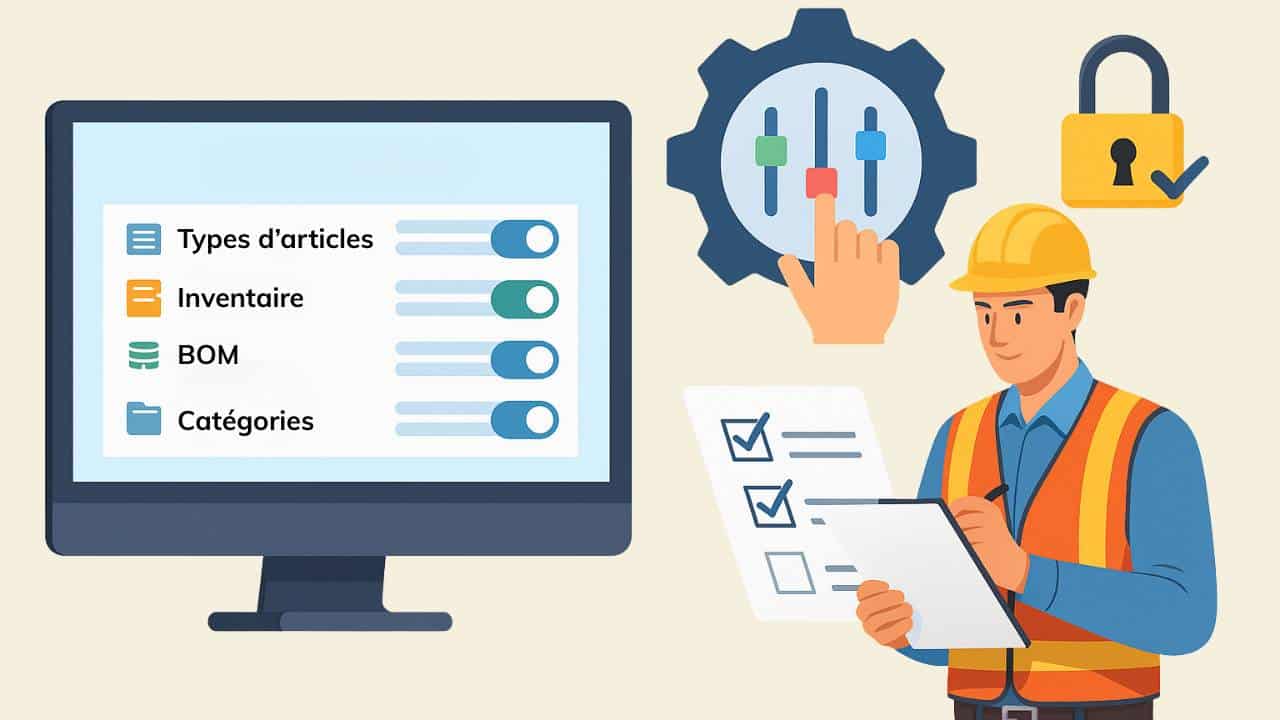 Illustration montrant un écran avec des paramètres ERP activés (types d’articles, inventaire, BOM, catégories), une main ajustant des curseurs, et un professionnel en gilet de chantier validant une checklist.