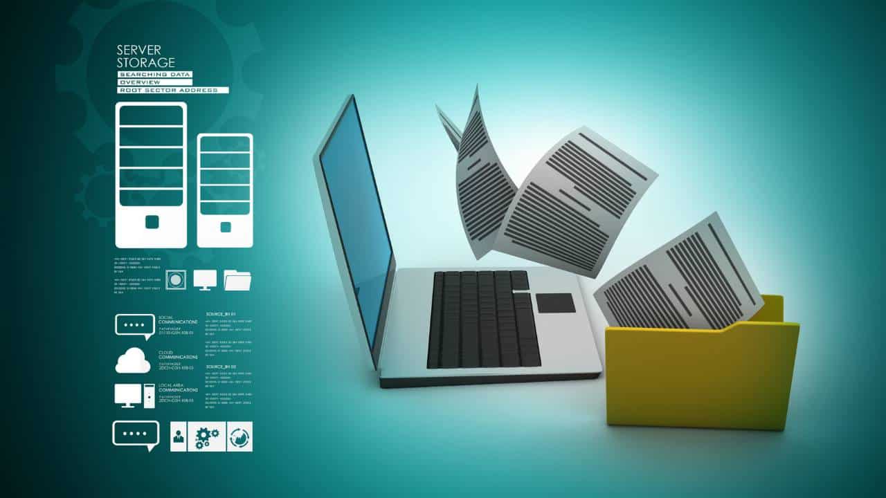 Illustration 3D d’un ordinateur portable recevant des documents numériques depuis un dossier jaune, sur fond de schéma de serveurs et d’icônes de données.