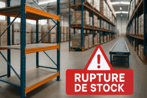 Vue panoramique d’un entrepôt logistique bien organisé, illustrant l’importance d’un bon niveau de stock pour éviter les ruptures