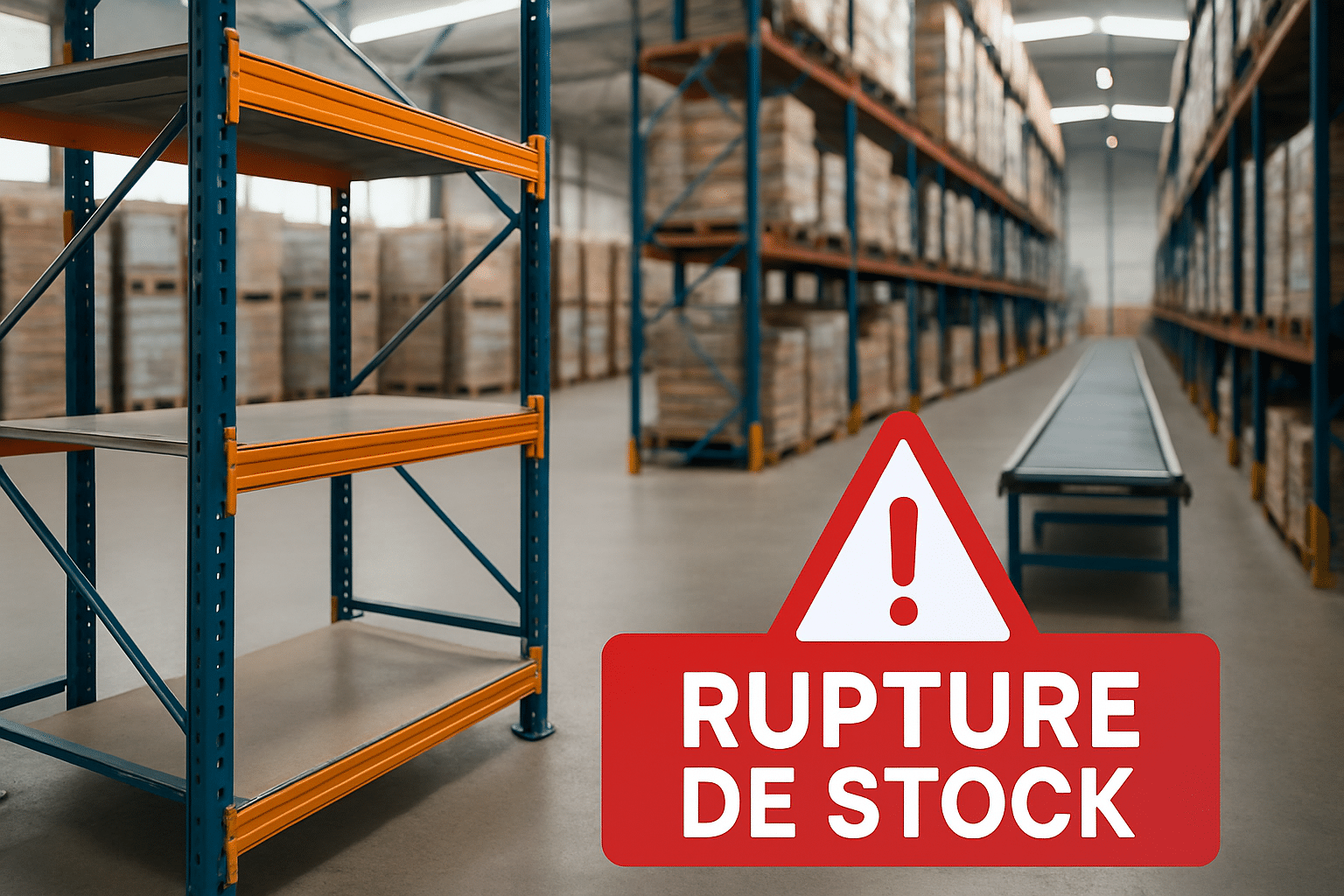 Vue panoramique d’un entrepôt logistique bien organisé, illustrant l’importance d’un bon niveau de stock pour éviter les ruptures
