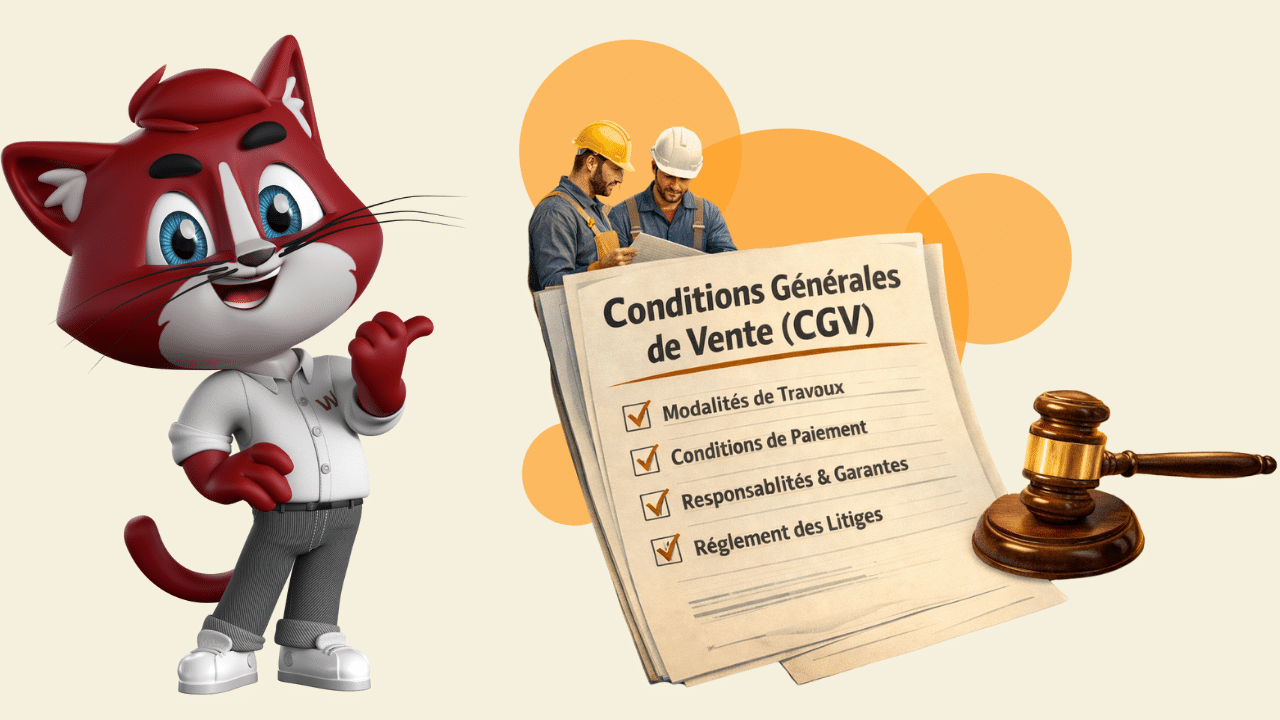 Illustration des conditions générales de vente dans le bâtiment avec un document CGV, des artisans du BTP, un symbole juridique et une mascotte pédagogique représentant la sécurisation des contrats et des paiements.