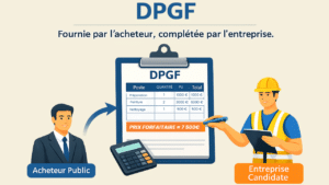 Illustration d’une DPGF fournie par l’acheteur public et complétée par une entreprise candidate, montrant la décomposition du prix global et forfaitaire dans un marché public.