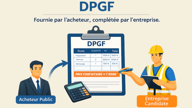 Illustration d’une DPGF fournie par l’acheteur public et complétée par une entreprise candidate, montrant la décomposition du prix global et forfaitaire dans un marché public.
