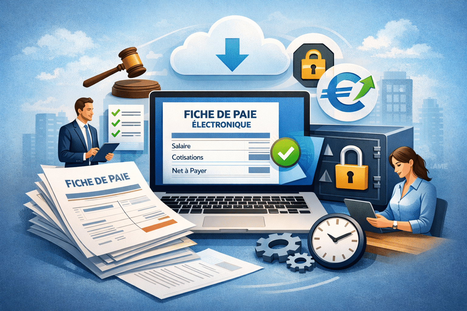 Illustration de fiches de paie dématérialisées stockées dans un coffre-fort numérique sécurisé, symbolisant la conformité légale et la simplification administrative pour les entreprises.
