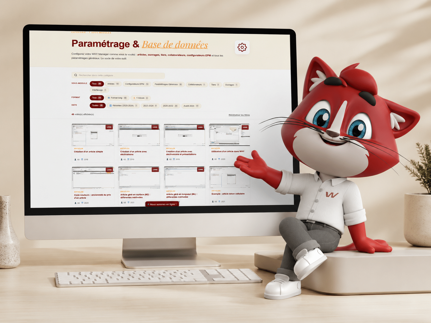 La mascotte WHY présente la vidéothèque de l'Espace Client : 116 tutoriels vidéo pour prendre en main WHY Manager