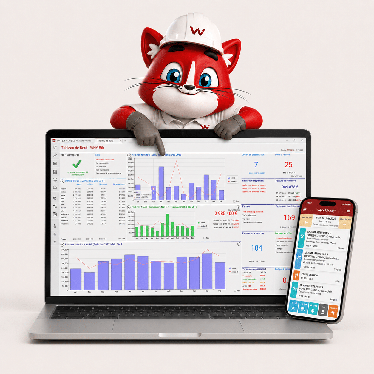 La suite WHY en situation : tableau de bord de gestion sur PC et pointage WHY Mobile, présentés par la mascotte WhySoft